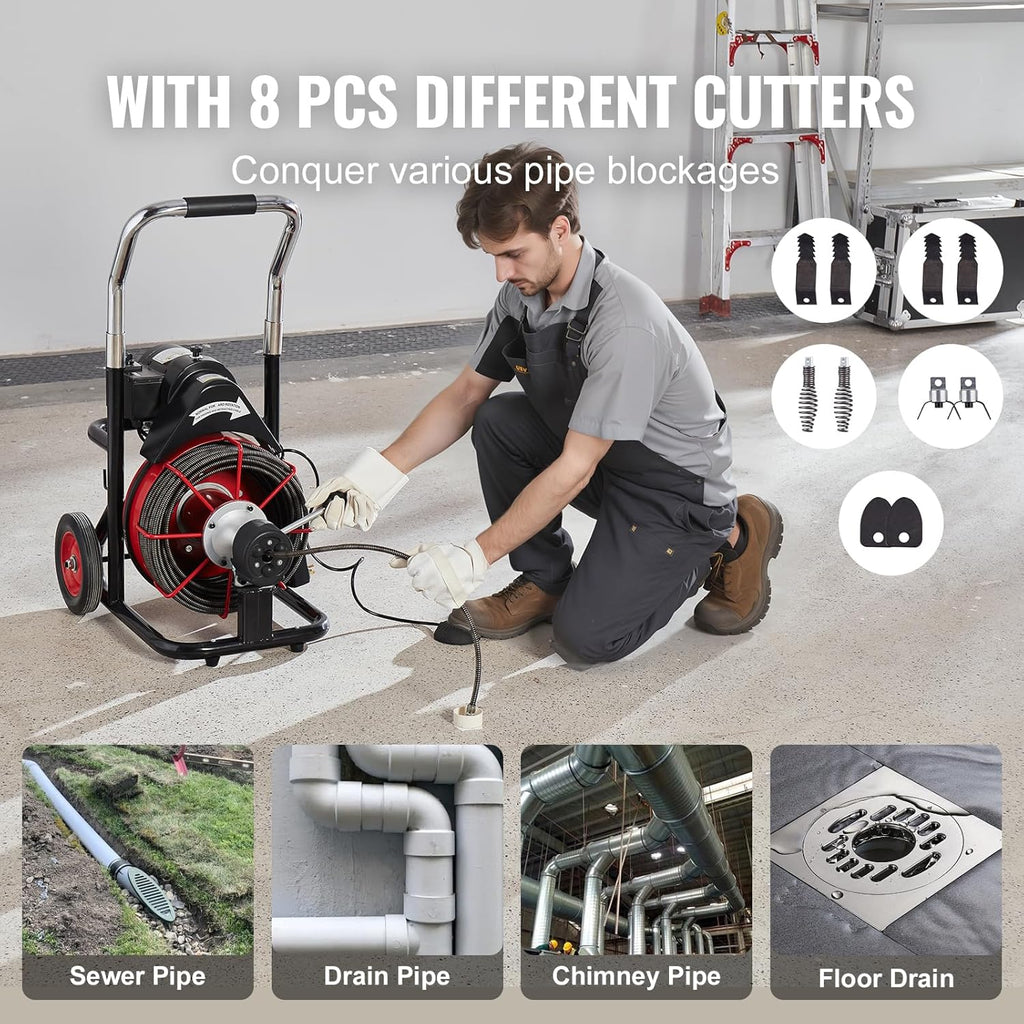 VEVOR Drain Cleaner Machine 100FT x 1/2 Inch, 550W, 8 Cutters, Red + Black