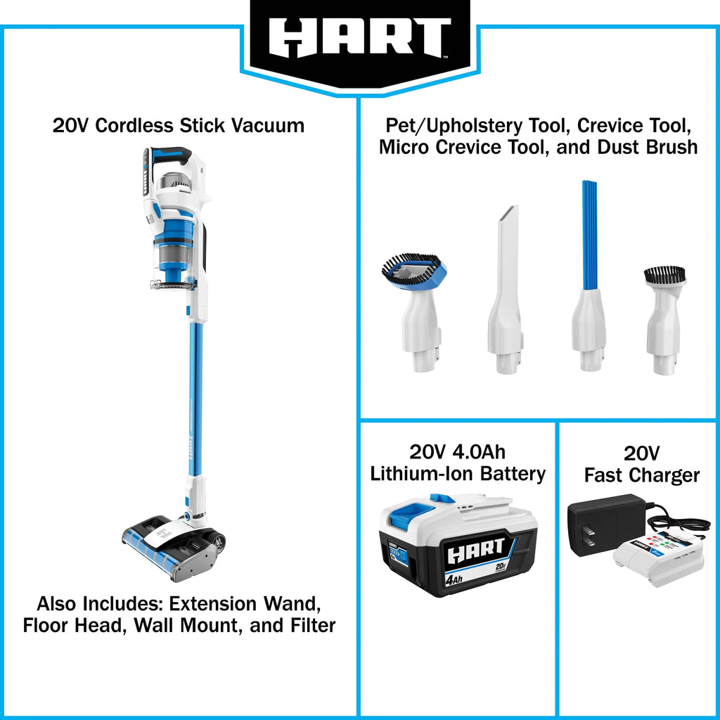 HART 20-Volt Dual Brushroll Stick Vacuum Kit With 4.0 Ah Lithium-Ion Battery
