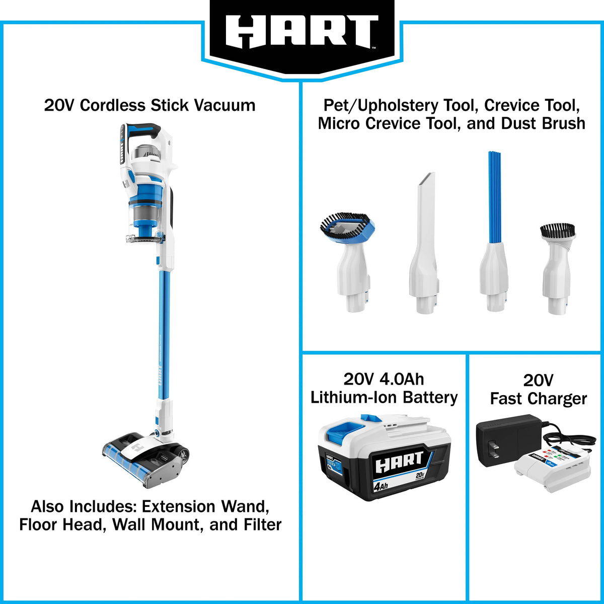 HART 20-Volt Dual Brushroll Stick Vacuum Kit With 4.0 Ah Lithium-Ion Battery
