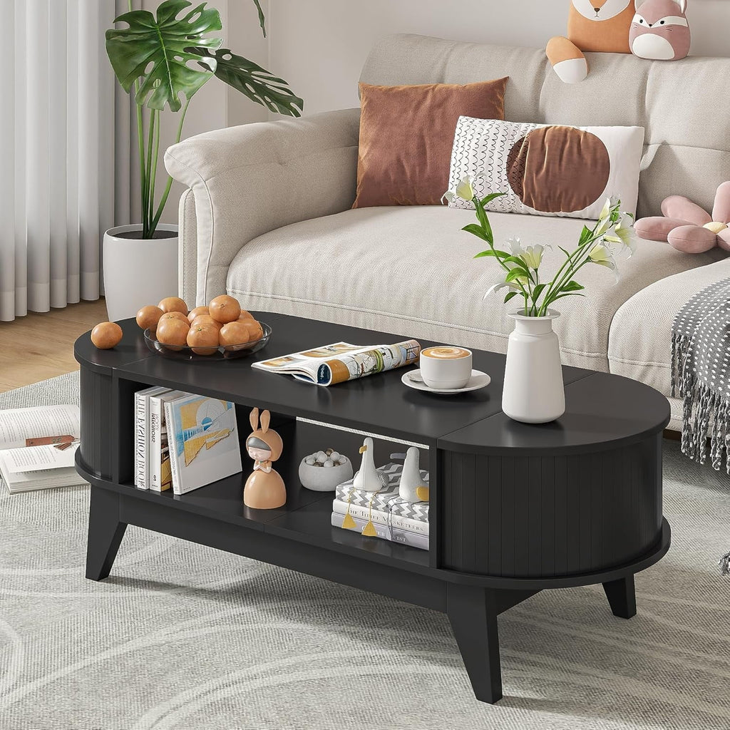 Fluted Oval Coffee Table With Storage, 46.45 x 19.68 x 15.94 in