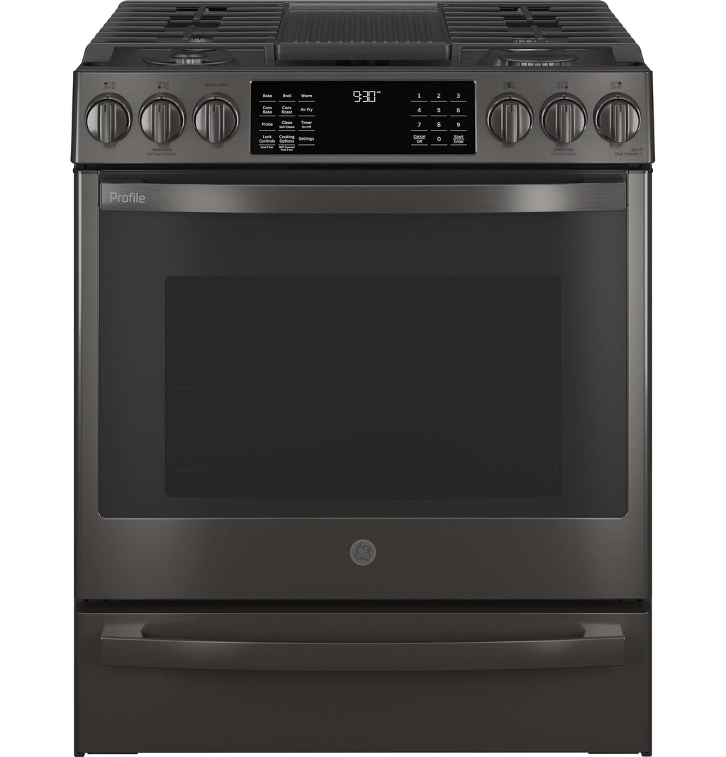 GE APPLIANCES Profile 30in Smart Slide-In Front-Control Gas Range, Black Stainless - PGS930BPTS