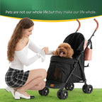 3 In 1 Folding Pet Stroller With Storage Basket And Cup Holder, Pink