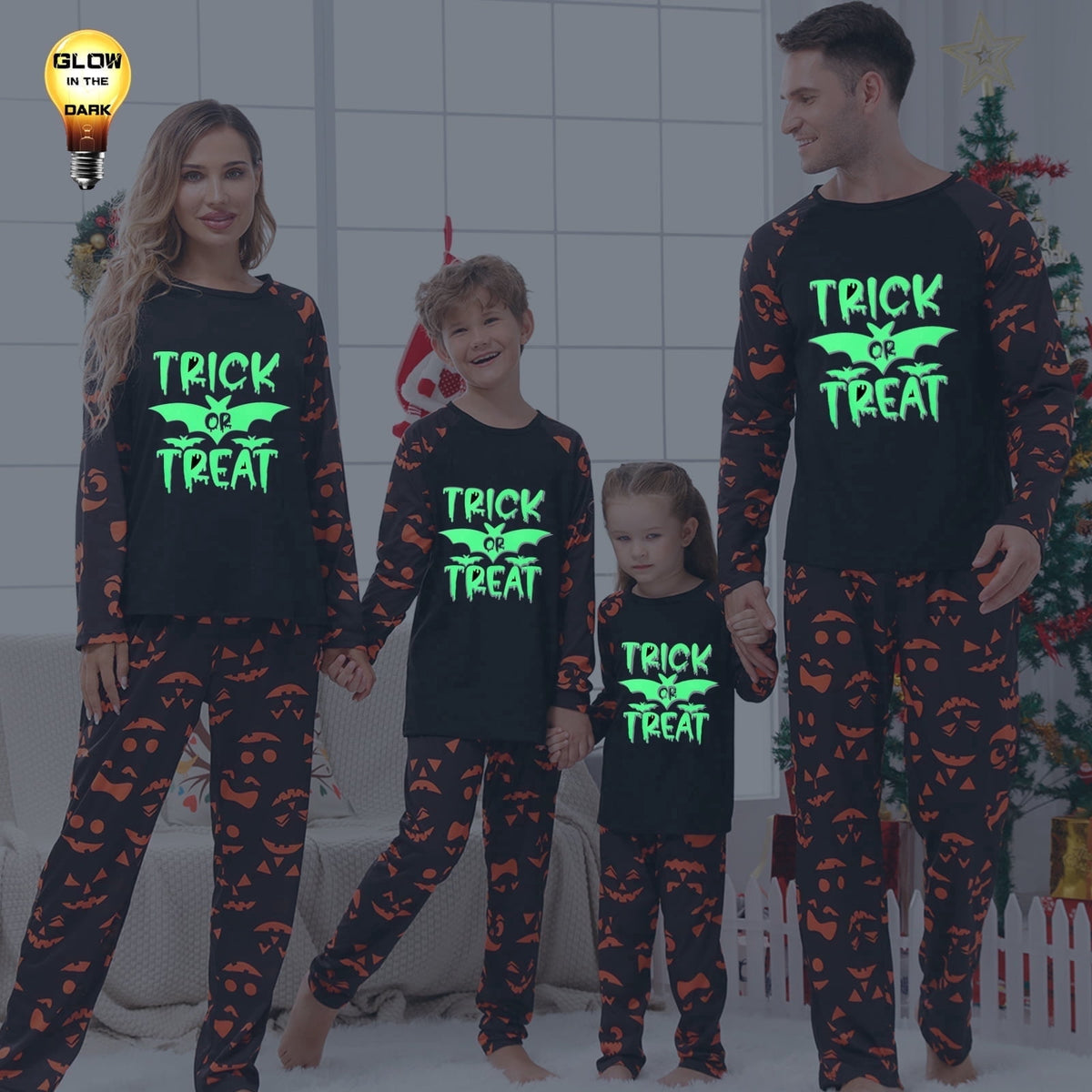 DAKIMOE Halloween Pajamas Family Matching Glow In The Dark Halloween Print Long Sleeve PJs Set Outfits 2 Pieces Cotton Loungewear Sleepwear for Adult Men Women Kids Toddler, Mom-M