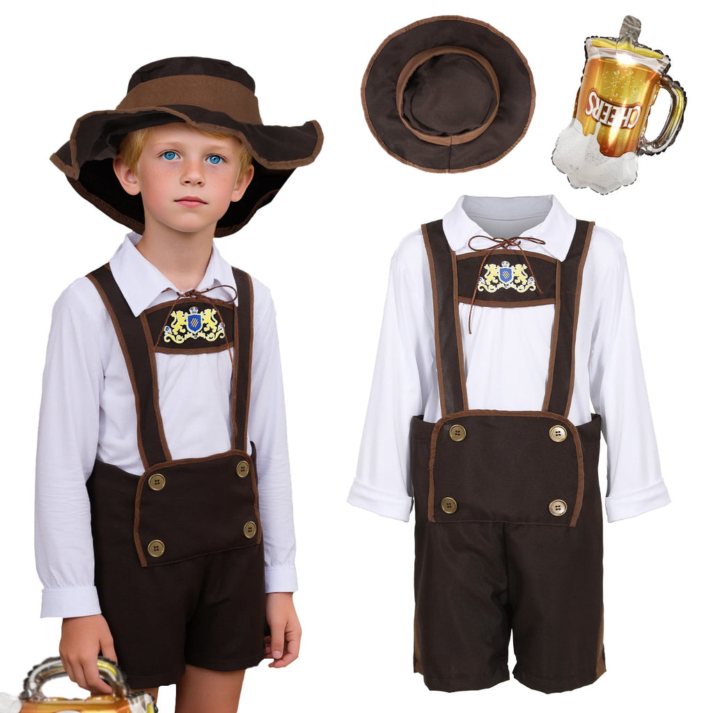 4 Piece Boys Oktoberfest Bavarian Costume Lederhosen Outfit with Hat & Beer Balloon for Traditional Halloween Party Cosplay