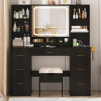 ChVans 47in Vanity Desk Set With LED Lighted Mirror, 7 Drawers, 6 Shelves, Cushioned Storage Stool - Black