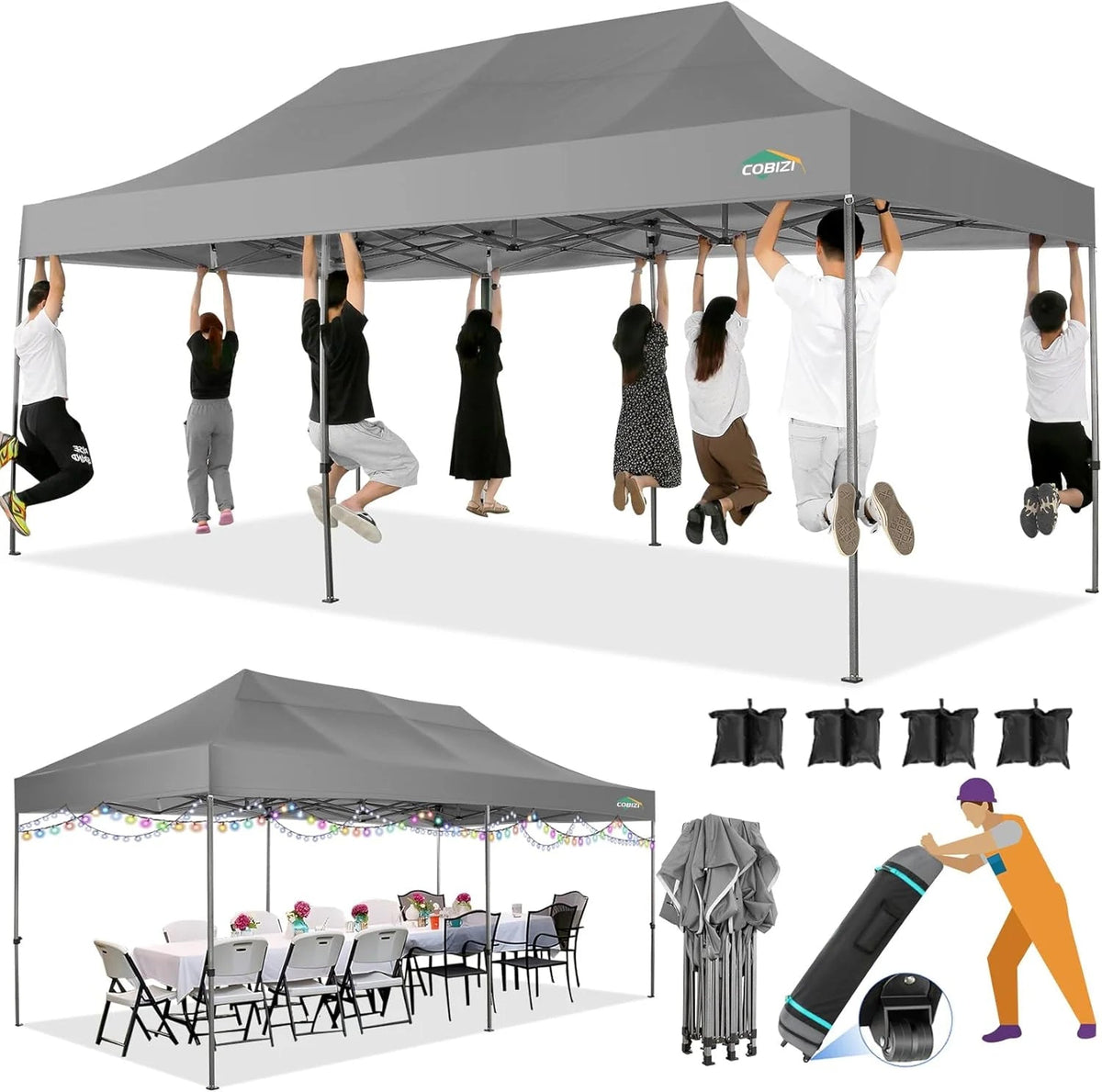 COBIZI 10x20 Heavy Duty Pop-Up Canopy Tent With 6 Sidewalls - Black