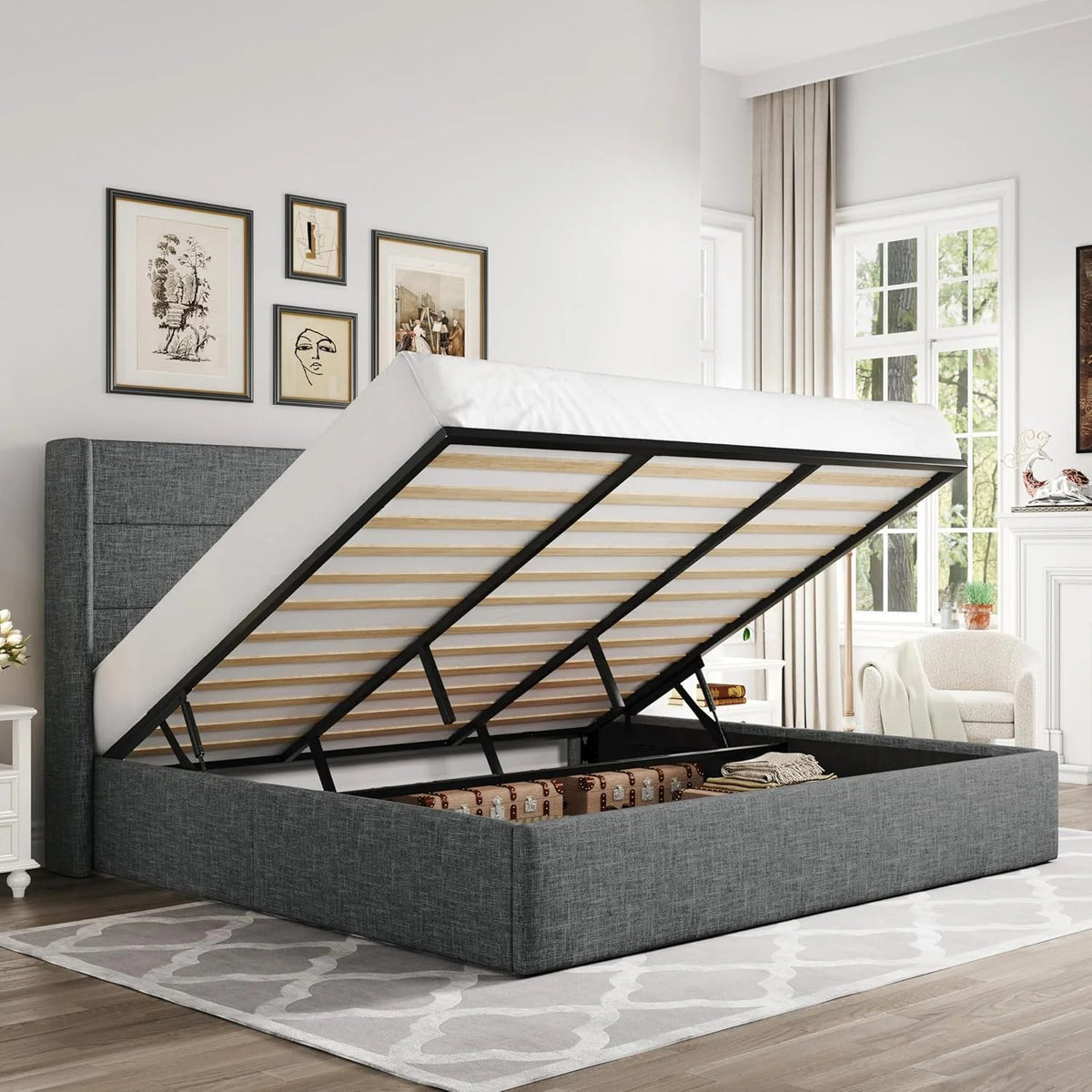 Allewie Queen Lift Up Storage Bed Frame With Wingback Headboard, Light Beige - 80.7 x 60.6 x 44.5 in
