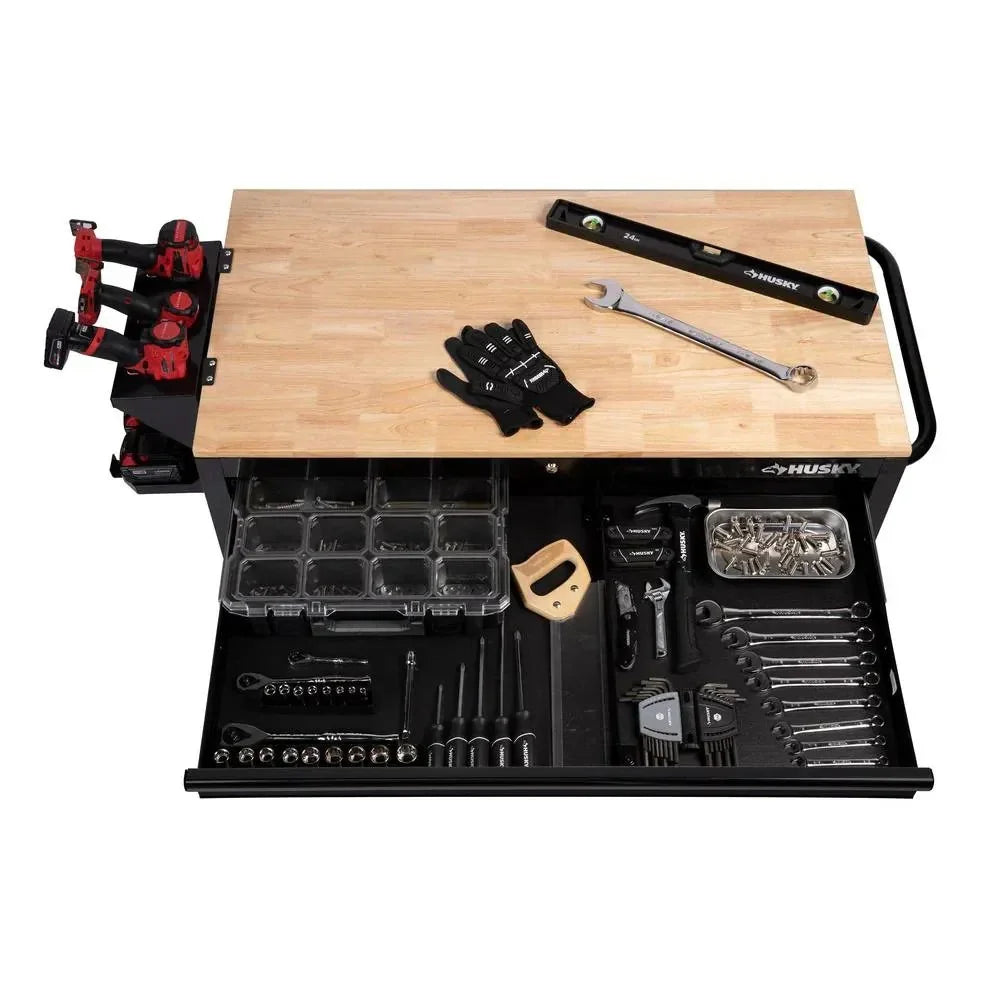 Husky Mobile Workbench With 9 Drawers, Hardwood Top And Power Connection, 117 cm W x 62 cm D - High-Gloss Black