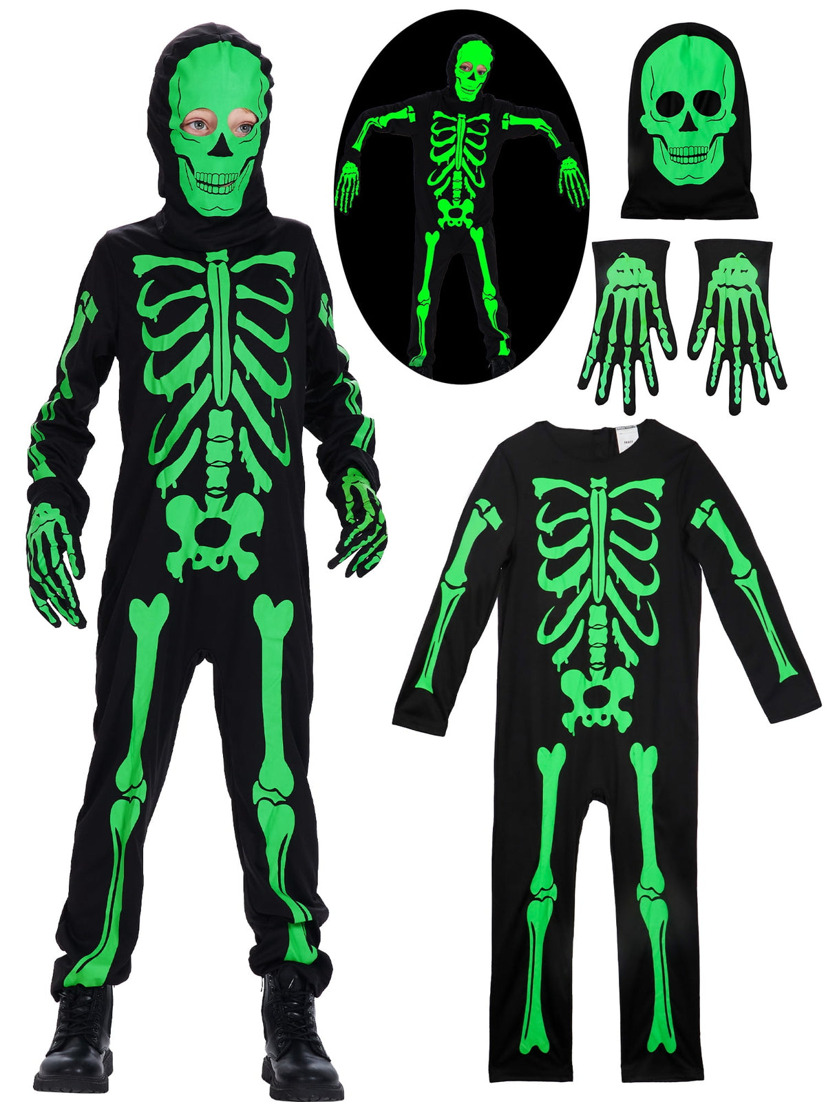 Kids Boys Halloween Skeleton Costume Glowing in The Dark with Mask Gloves Fancy Dress Outfit Green 4-12 Years