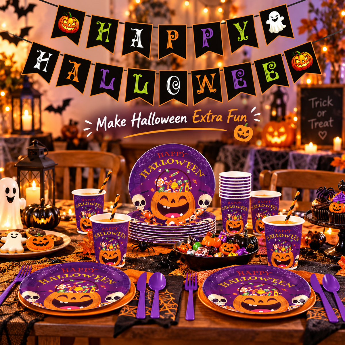 Halloween Paper Plates for Halloween Party Decoration Disposable Cups Napkins Table Cover for Halloween Banner Birthday Party Supplies Serve 20 Design 3