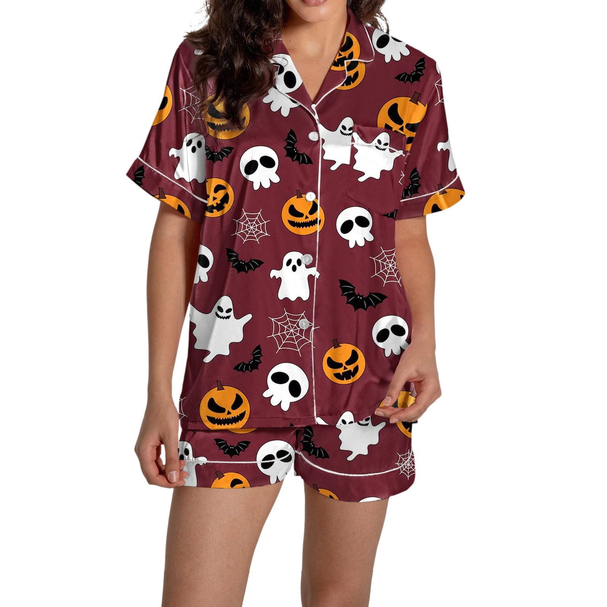 ChenYiFH Halloween Pajama Sets For Women 2 Piece Pumpkin Print Shirts And Pajamas Shorts Button Down Short Sleeve Sleepwear Black S