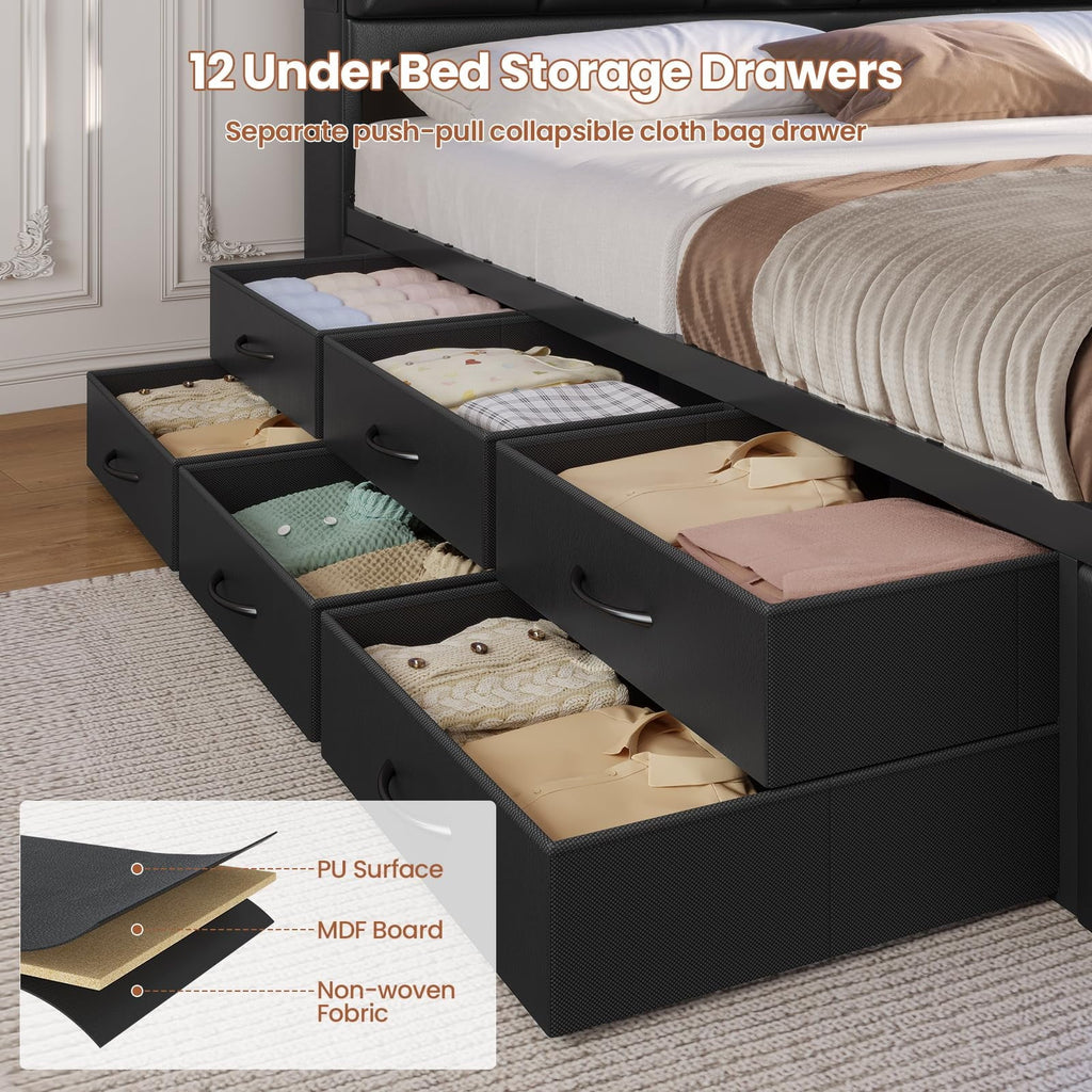 Queen Upholstered Platform Bed Frame With LED Headboard, 12 Storage Drawers And Charging Station - Black