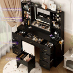 ChVans 47in Vanity Desk Set With LED Lighted Mirror, 7 Drawers, 6 Shelves, Cushioned Storage Stool - Black