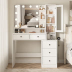 VEANERWOOD Makeup Vanity Desk With Lighted Mirror, Power Strip, 5 Drawers, White - 39.4in x 15.7in x 56.7in