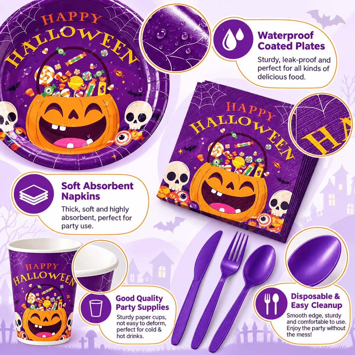 Halloween Paper Plates for Halloween Party Decoration Disposable Cups Napkins Table Cover for Halloween Banner Birthday Party Supplies Serve 20 Design 3
