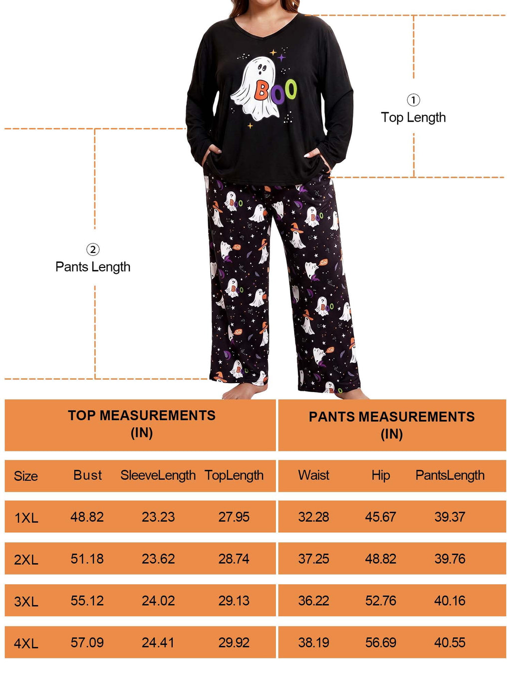 Homlouue Halloween Womens Plus Size Pajama Sets 2-Piece, Cute Ghost Print V-Neck Loungewear with Pockets, Soft Sleepwear for Holiday