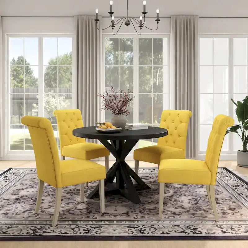 Rustic Wooden 5-Piece Dining Set With Round Cross-Buck Pedestal Table And 4 Tufted Upholstered Chairs - 47.25 x 47.25 x 31.50 in