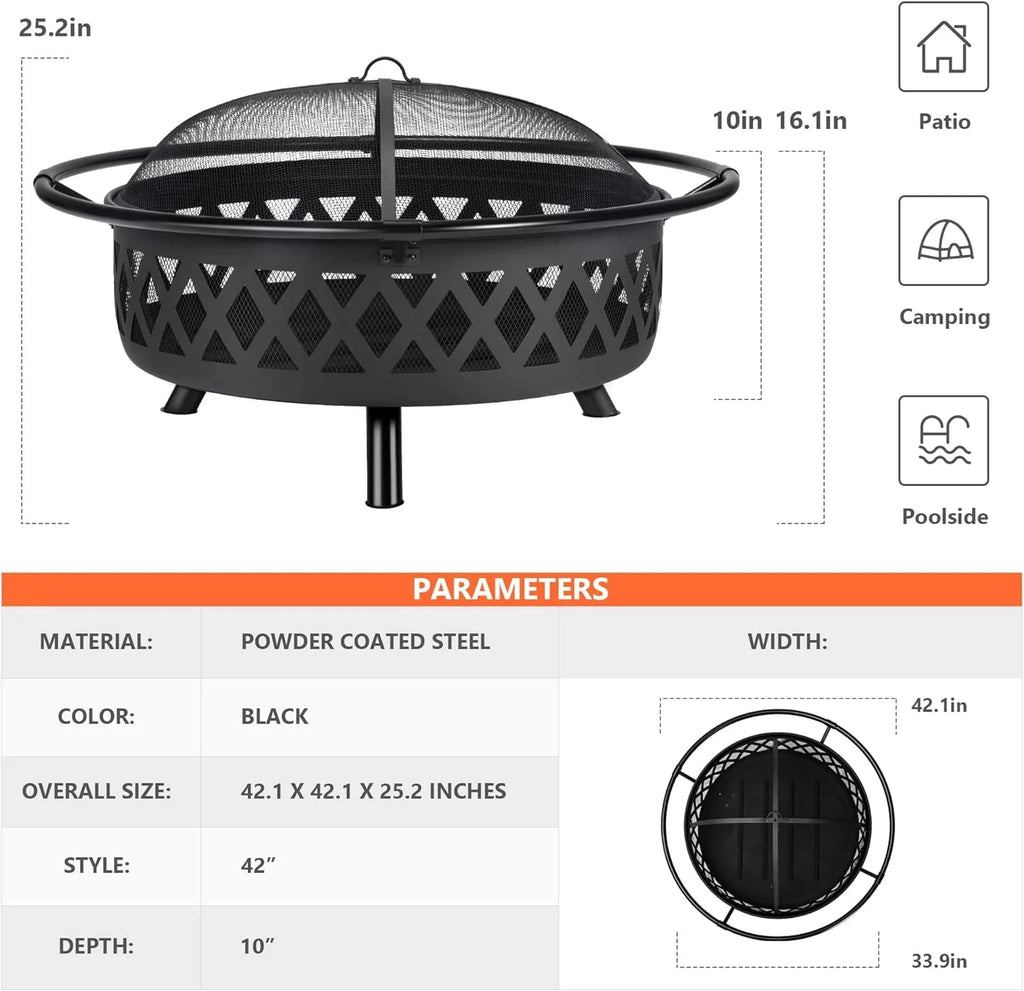 SUNCREAT 42-Inch Wood Burning Patio Fire Pit, Black, 42.1 Inch Diameter x 25.2 Inch High
