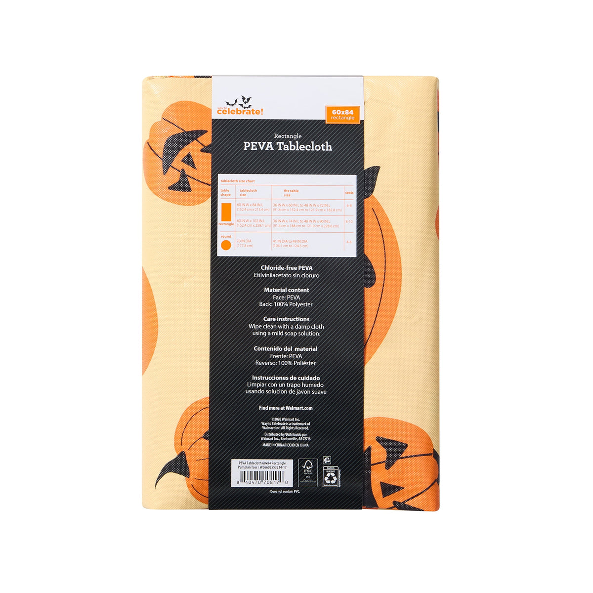 Way To Celebrate Halloween PEVA Tablecloth, Indoor & Outdoor Table 60" x 84" - Pumpkin Toss