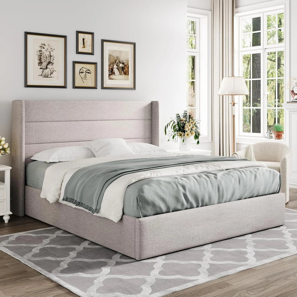 Allewie Queen Lift Up Storage Bed Frame With Wingback Headboard, Light Beige - 80.7 x 60.6 x 44.5 in