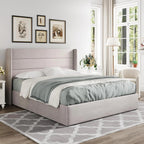 Allewie Queen Lift Up Storage Bed Frame With Wingback Headboard, Light Beige - 80.7 x 60.6 x 44.5 in