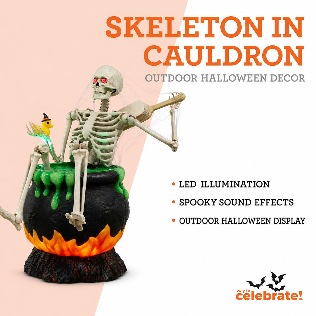 Way To Celebrate Animated Skeleton in Cauldron Halloween Outdoor Decor, 43 in