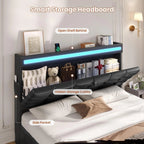 Queen Upholstered Platform Bed Frame With LED Headboard, 12 Storage Drawers And Charging Station - Black