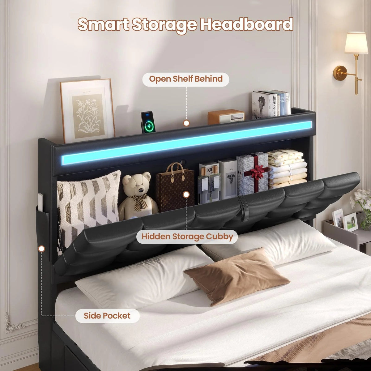 Queen Upholstered Platform Bed Frame With LED Headboard, 12 Storage Drawers And Charging Station - Black