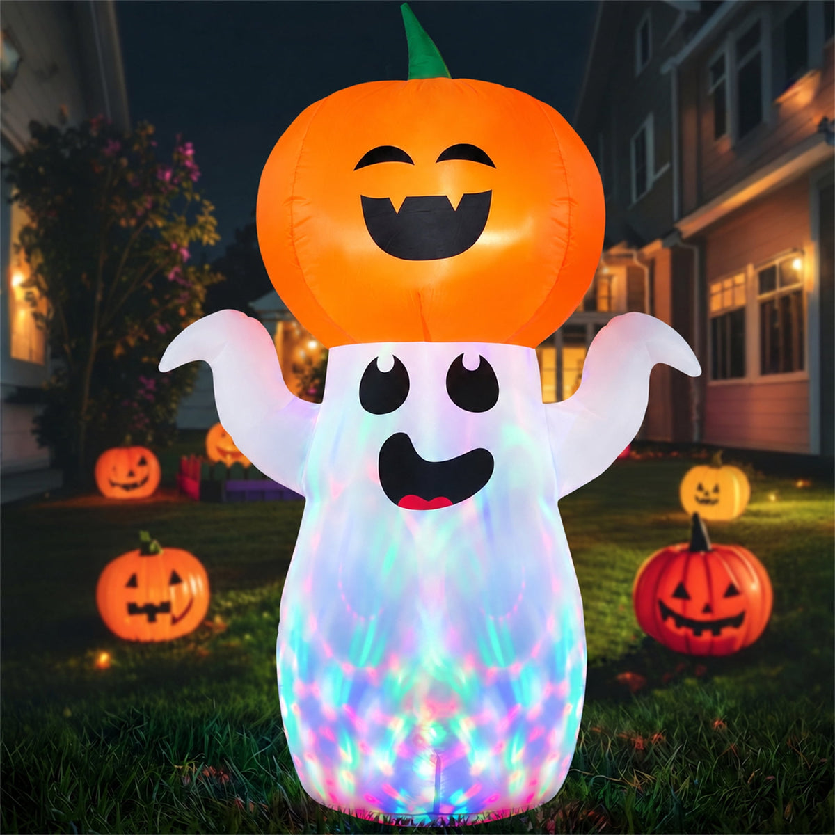 GVDV 5Ft Halloween Inflatables Pumpkin Ghost Decorations with 360° Rotating Colorful LED Lights, Halloween Blow Ups Indoor/Outdoor Decor for Party, Yard, Lawn