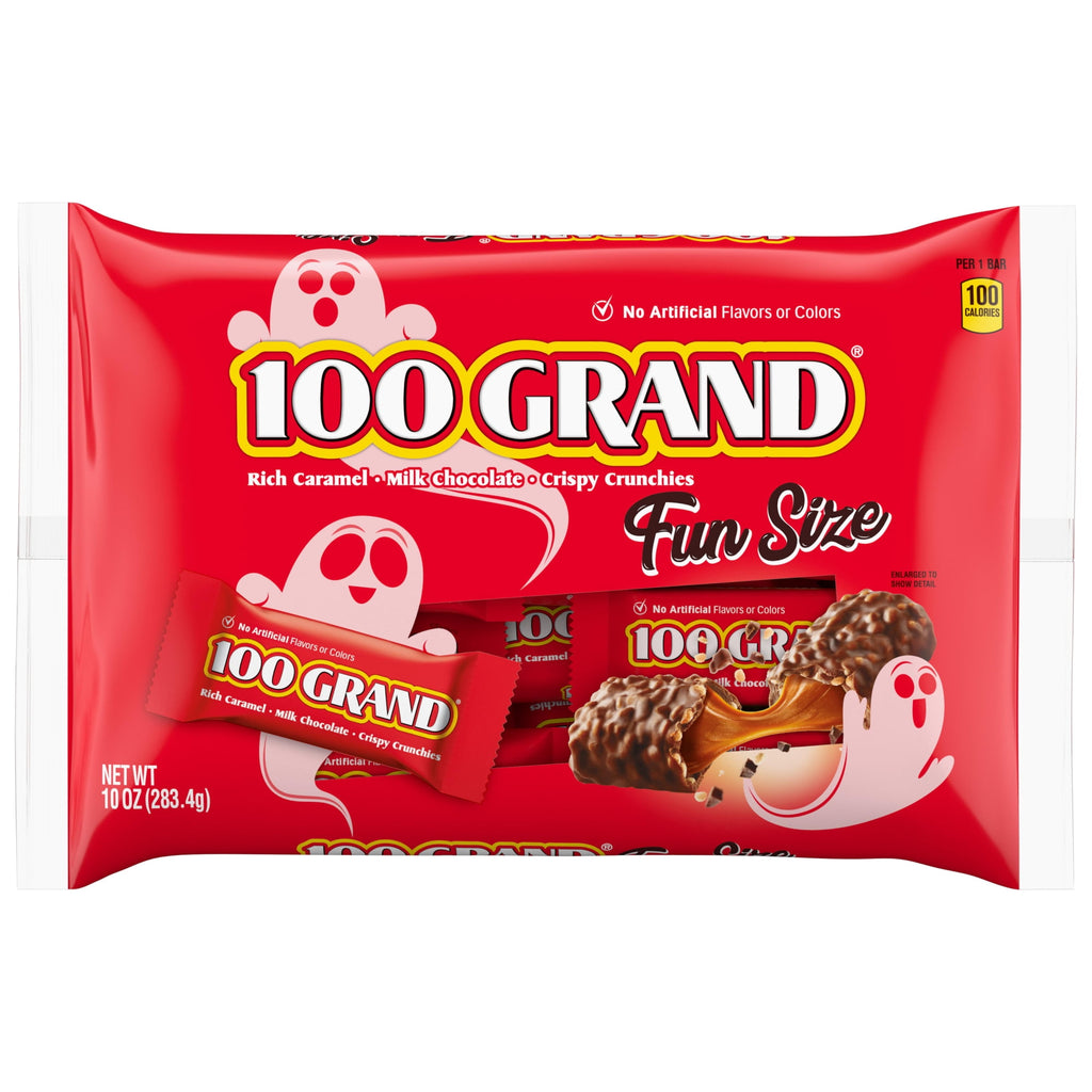 100 Grand Fun Size Halloween Chocolate Candy Bars, Halloween Candy Bulk, Crispy Crunchies and Milk Chocolate with Rich Caramel, 10 oz