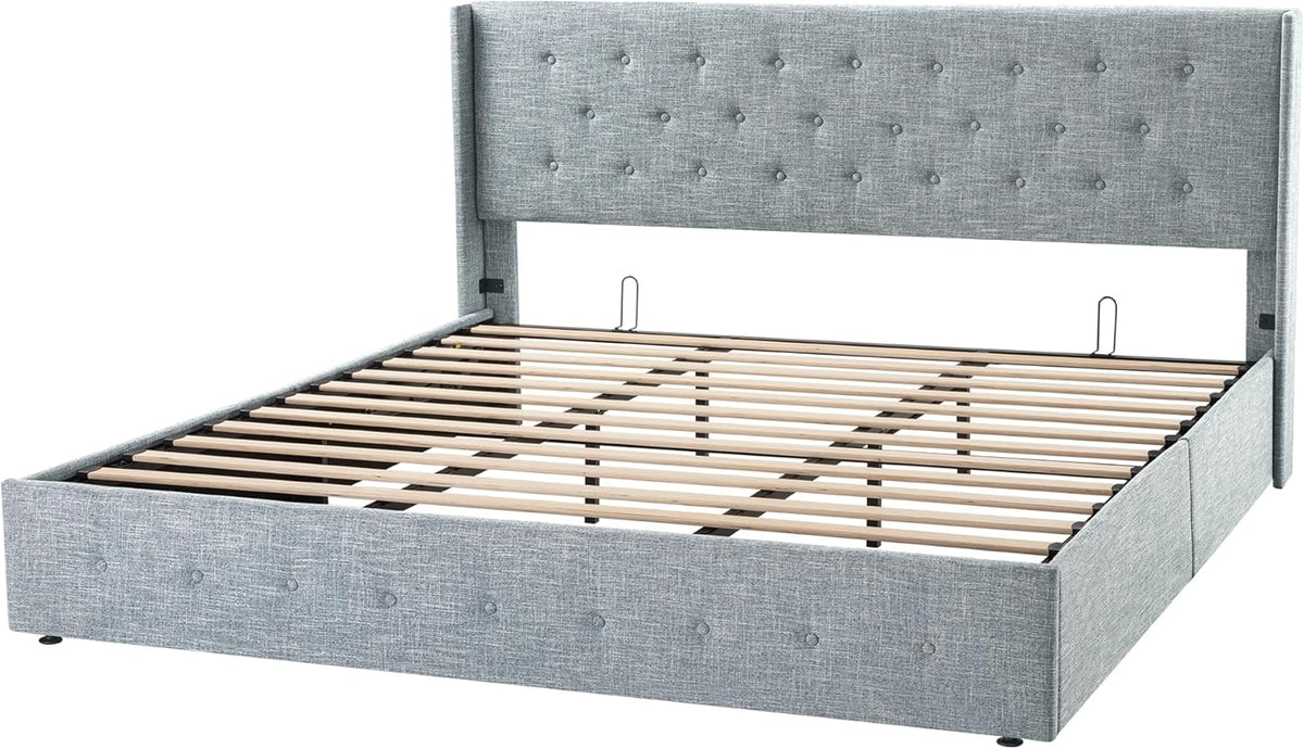 Allewie Queen Lift Up Storage Bed Frame With Wingback Headboard, Light Beige - 80.7 x 60.6 x 44.5 in