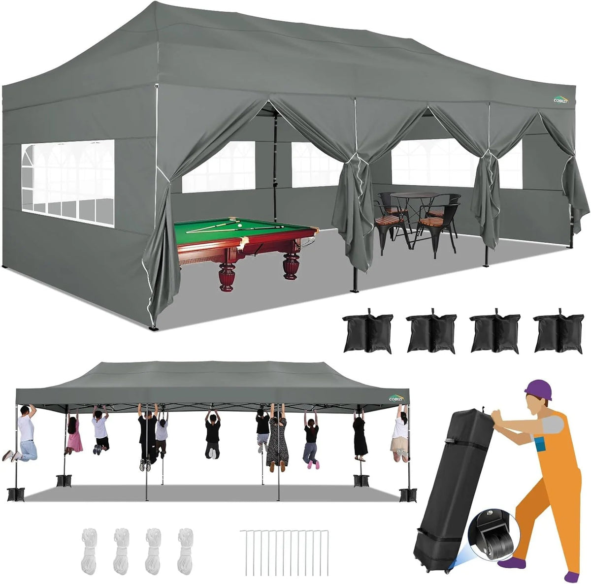 COBIZI 10x20 Heavy Duty Pop-Up Canopy Tent With 6 Sidewalls - Black