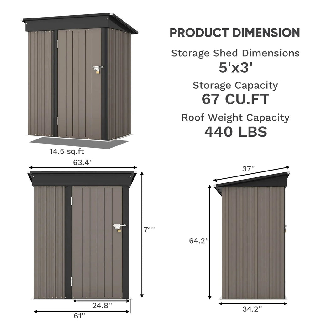 Patiowell Outdoor Storage Shed 5x3 FT Galvanized Steel Coffee Brown