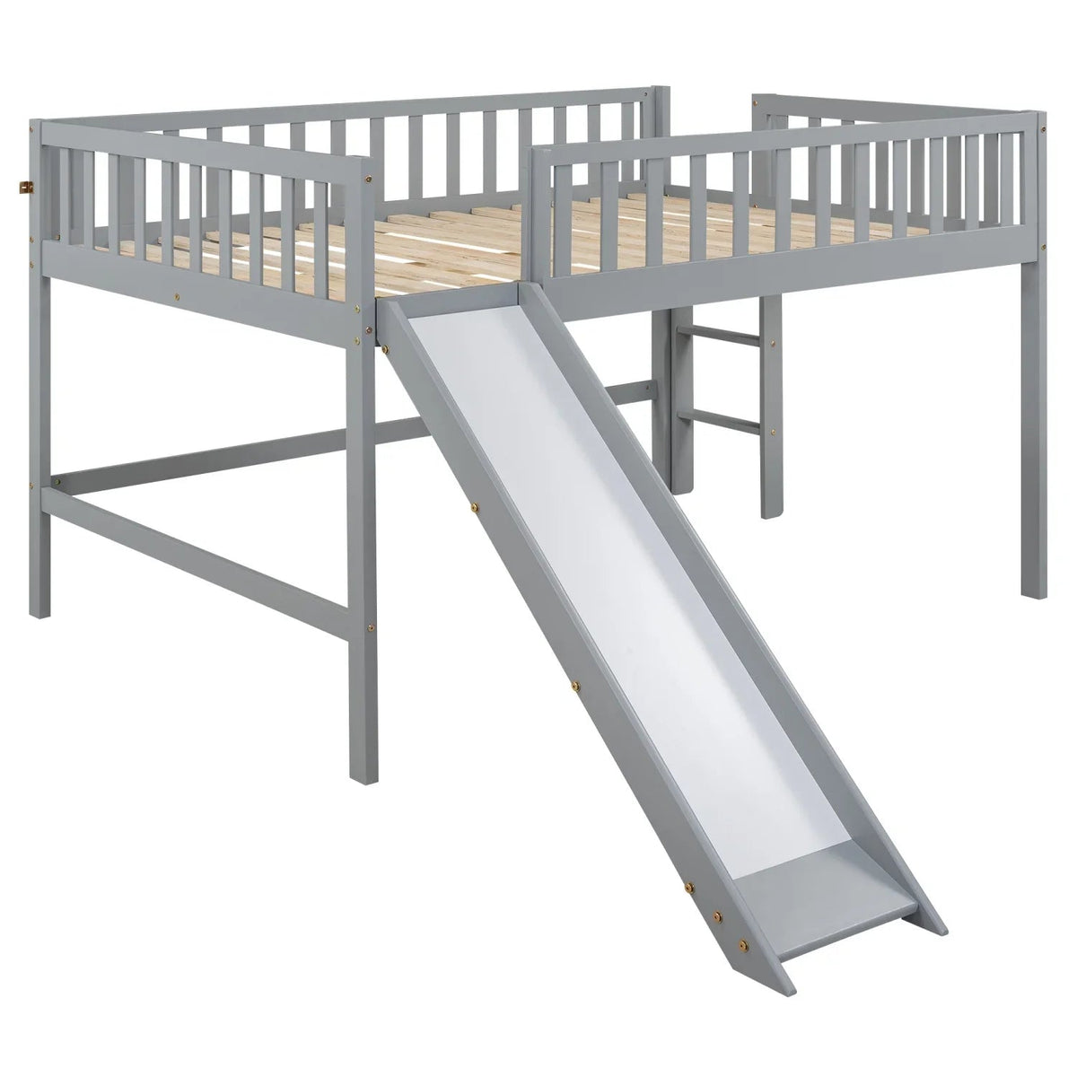 Gray Full Size Low Loft Bed With Ladder And Slide
