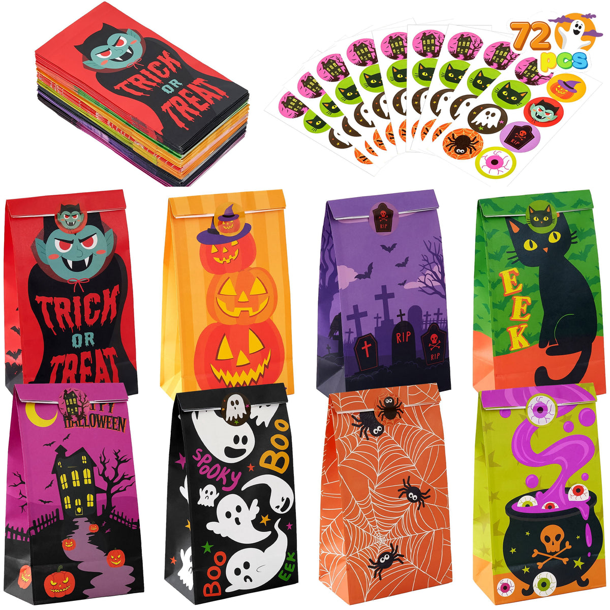 Joyfy 60 PCS Halloween Treat Bags with Stickers, Halloween Trick or Treat Bags for Kids Halloween Party Favors Exchange, Goodie and Candy Bags for Holiday Party Supplies