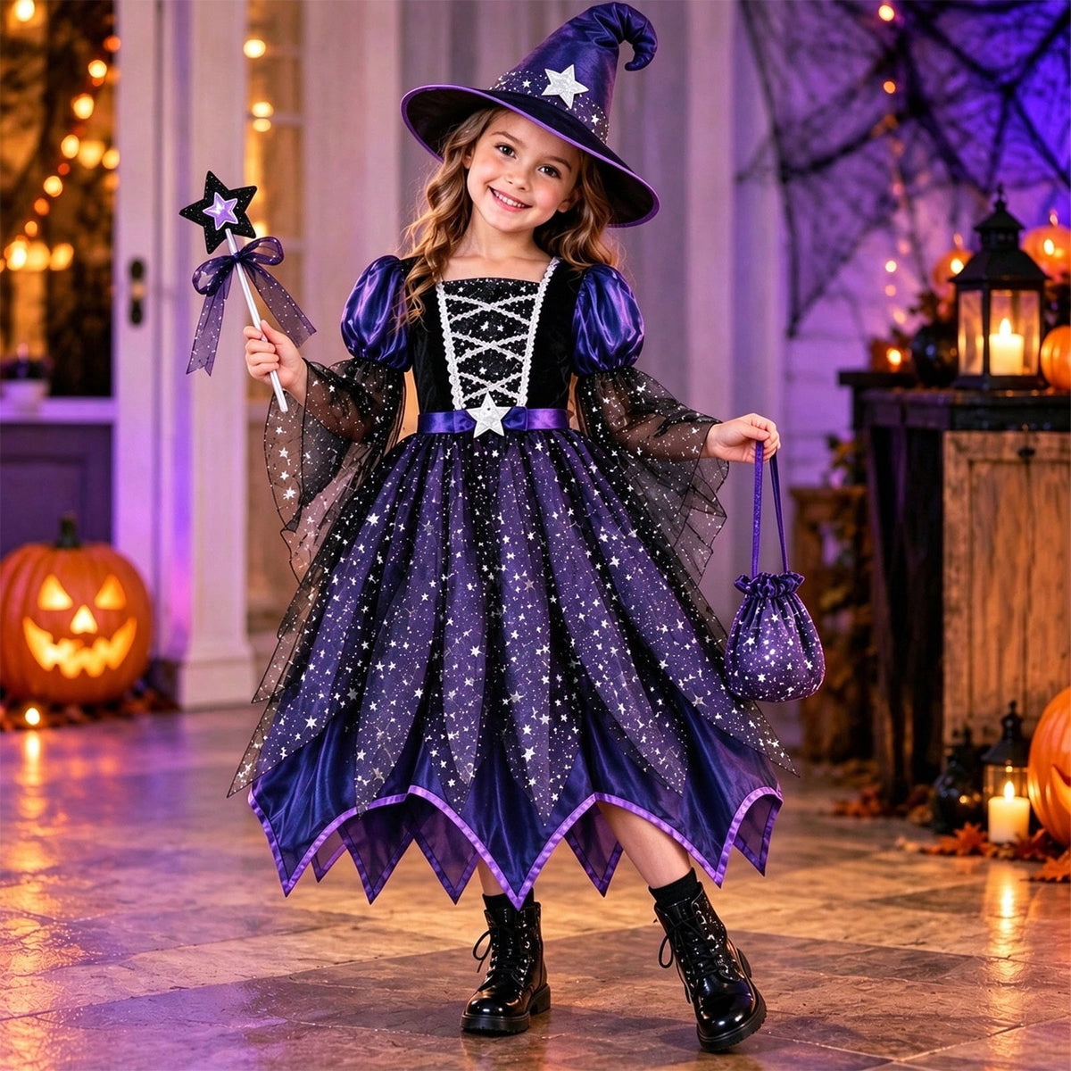 MEZZALL Child Outfit Sets Girls Witch 4 Light Up Star Witch Dress With Hat Wand Kids Halloween Party Outfit For Party Clothes Sets