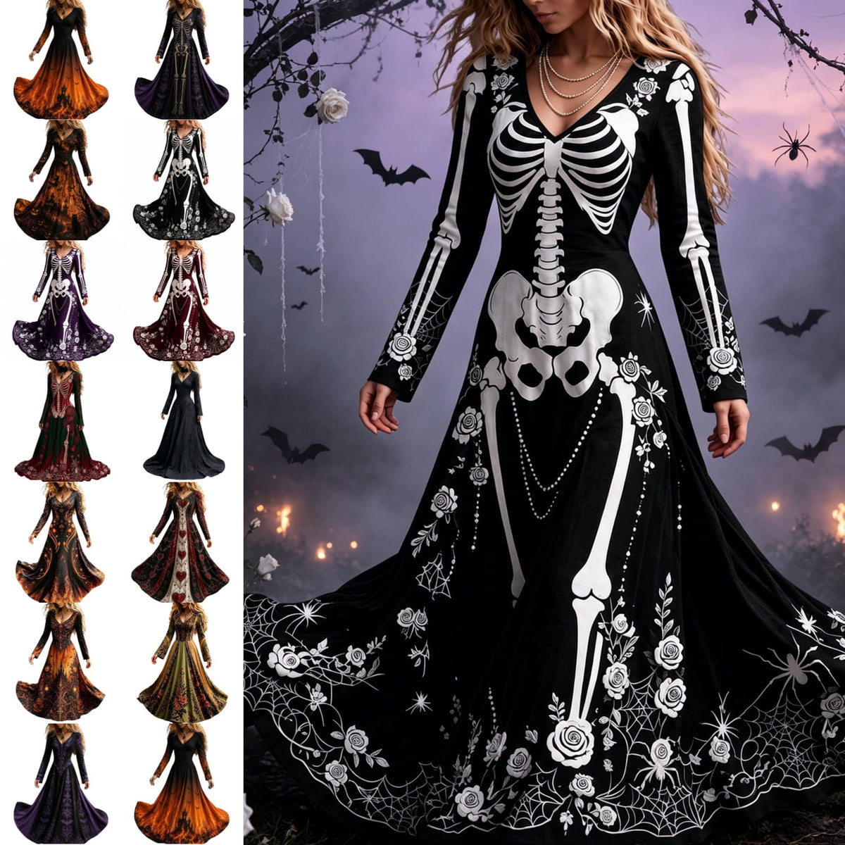 KICILVS Gothic Clothes For Women Black Spiderweb And Spider Print Flowing V Neck Long Maxi Dress Halloween Cosplay Gothic Party Dress