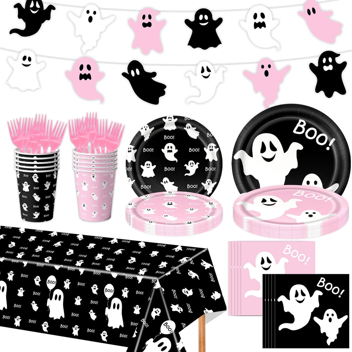 50/73/93Pcs Halloween Boo Party Tableware Supplies Decorations, Spooky Ghost Plates Napkins Boo Ghost Tableware Tablecloth Banner for Halloween Birthday Party Boo Baby Shower Party Supplies