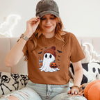 KimSoong Women Halloween T-Shirt Cute Ghost Fall Pumpkin Graphic Shirt Coffee Lover Tees Short Sleeve Tops