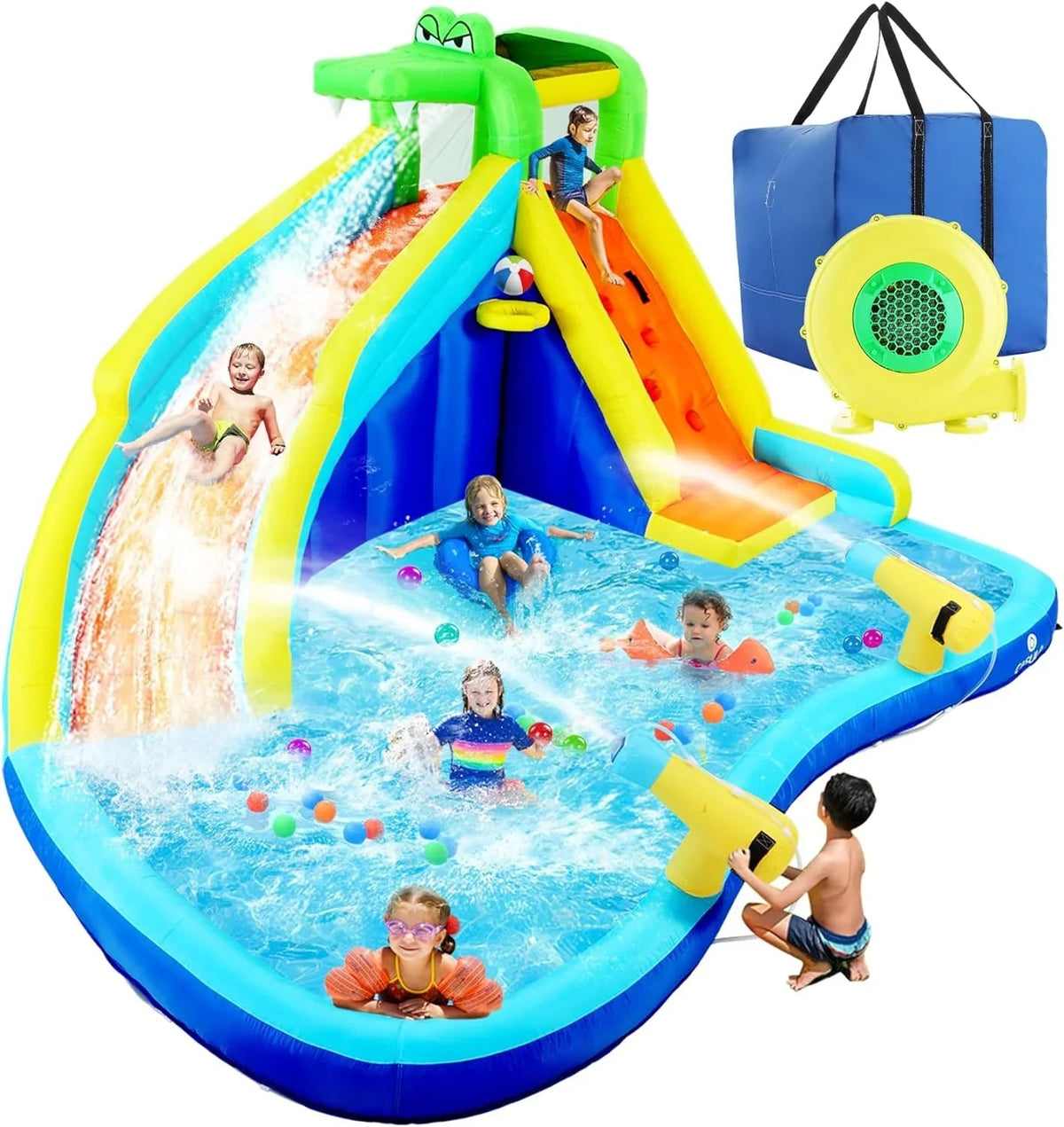 ROOJER Inflatable Water Slide Bounce House 8-in-1 With 450W Blower - Crocodile Water Park