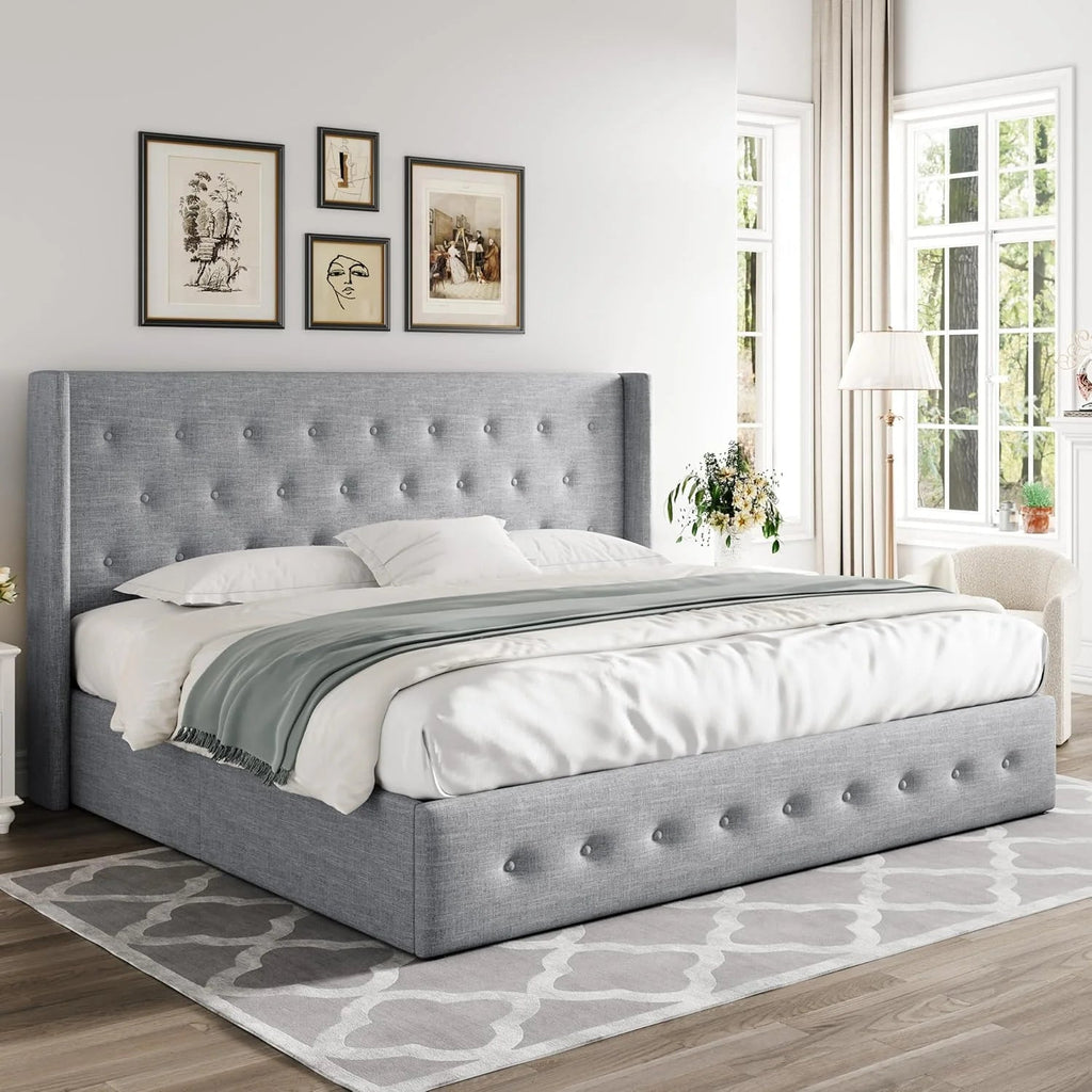 Allewie Queen Lift Up Storage Bed Frame With Wingback Headboard, Light Beige - 80.7 x 60.6 x 44.5 in