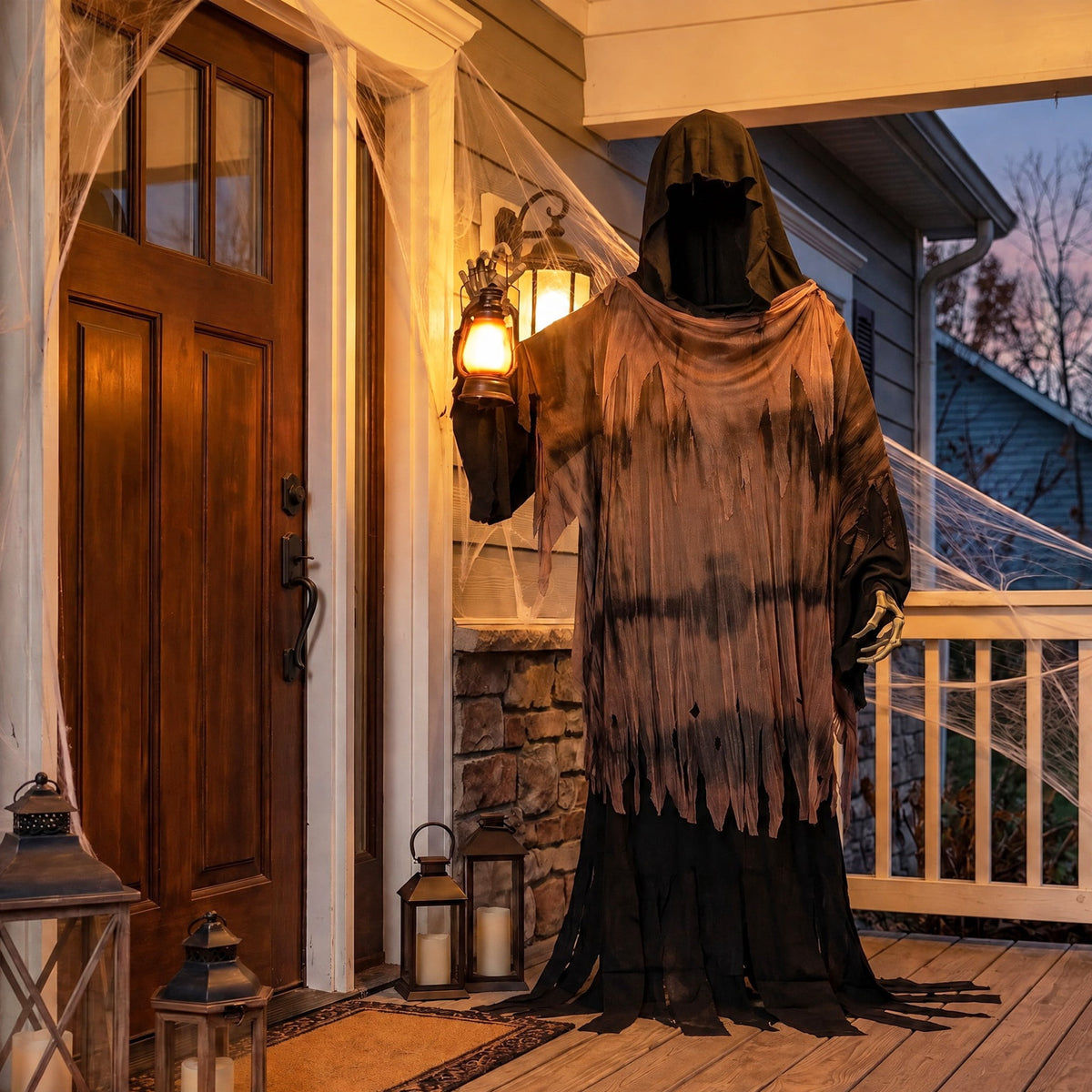 Animated Reaper with Lantern Decoration, Black and Brown, 84", Halloween by Way To Celebrate