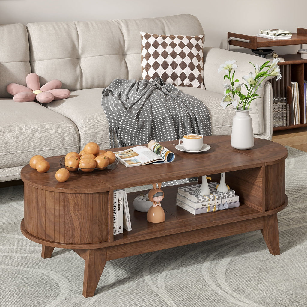 Fluted Oval Coffee Table With Storage, 46.45 x 19.68 x 15.94 in