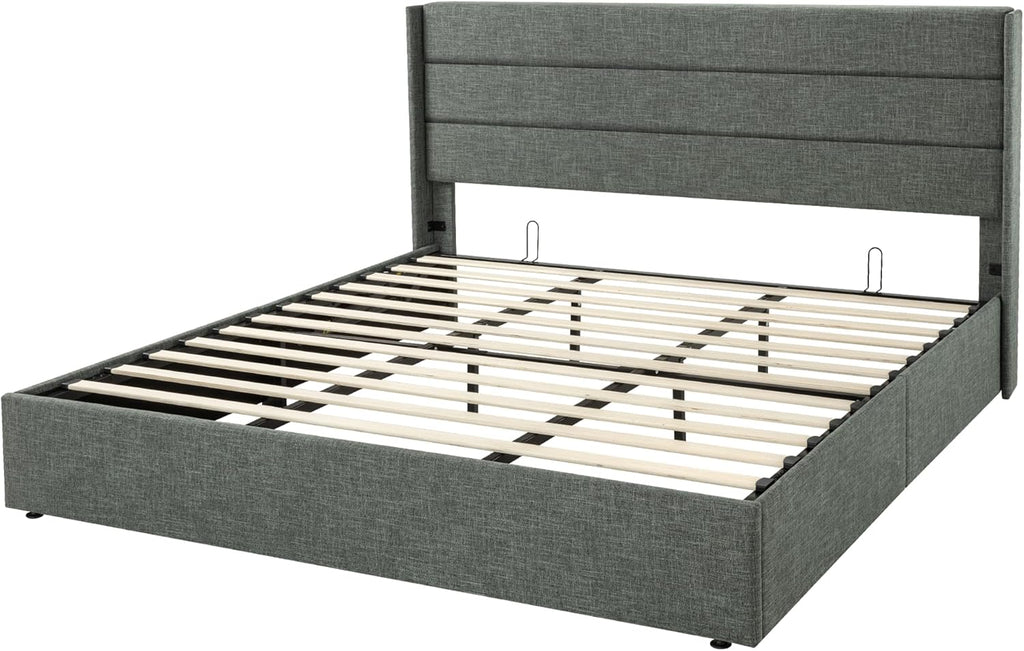 Allewie Queen Lift Up Storage Bed Frame With Wingback Headboard, Light Beige - 80.7 x 60.6 x 44.5 in