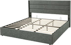 Allewie Queen Lift Up Storage Bed Frame With Wingback Headboard, Light Beige - 80.7 x 60.6 x 44.5 in