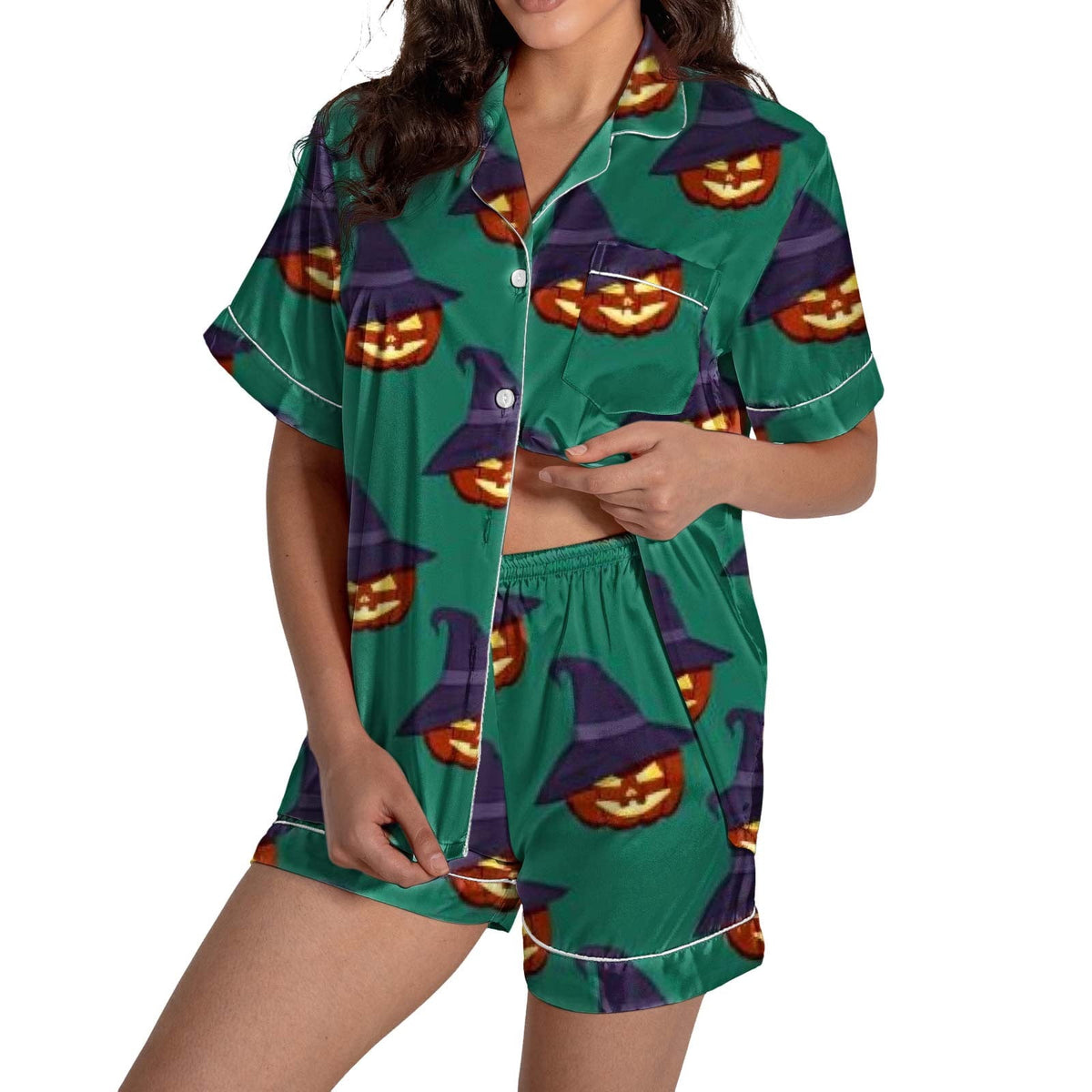 ChenYiFH Halloween Pajama Sets For Women 2 Piece Pumpkin Print Shirts And Pajamas Shorts Button Down Short Sleeve Sleepwear Black S