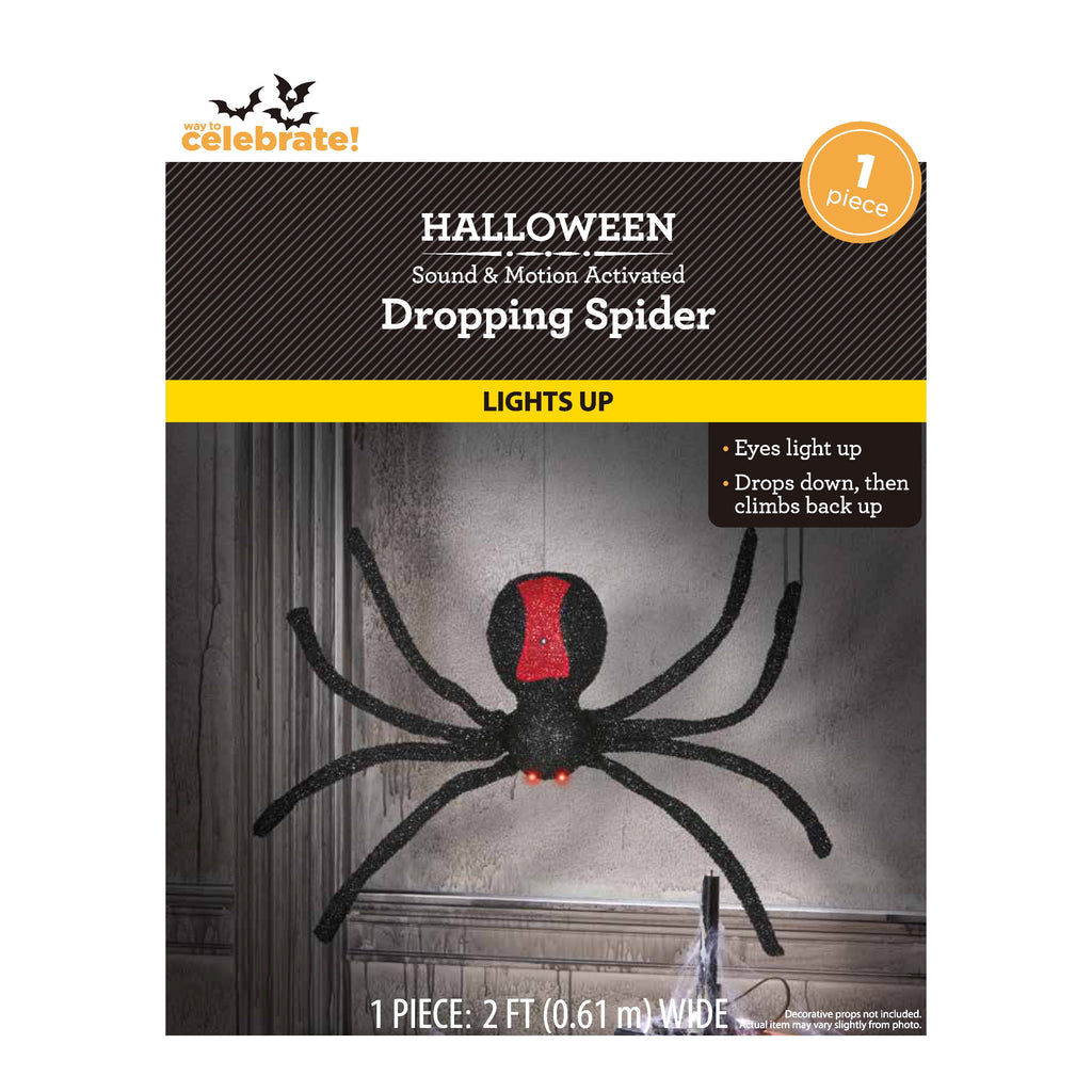 Light-Up Animated Dropping Tinsel Spider Decoration, Black and Red, 2', Halloween by Way To Celebrate