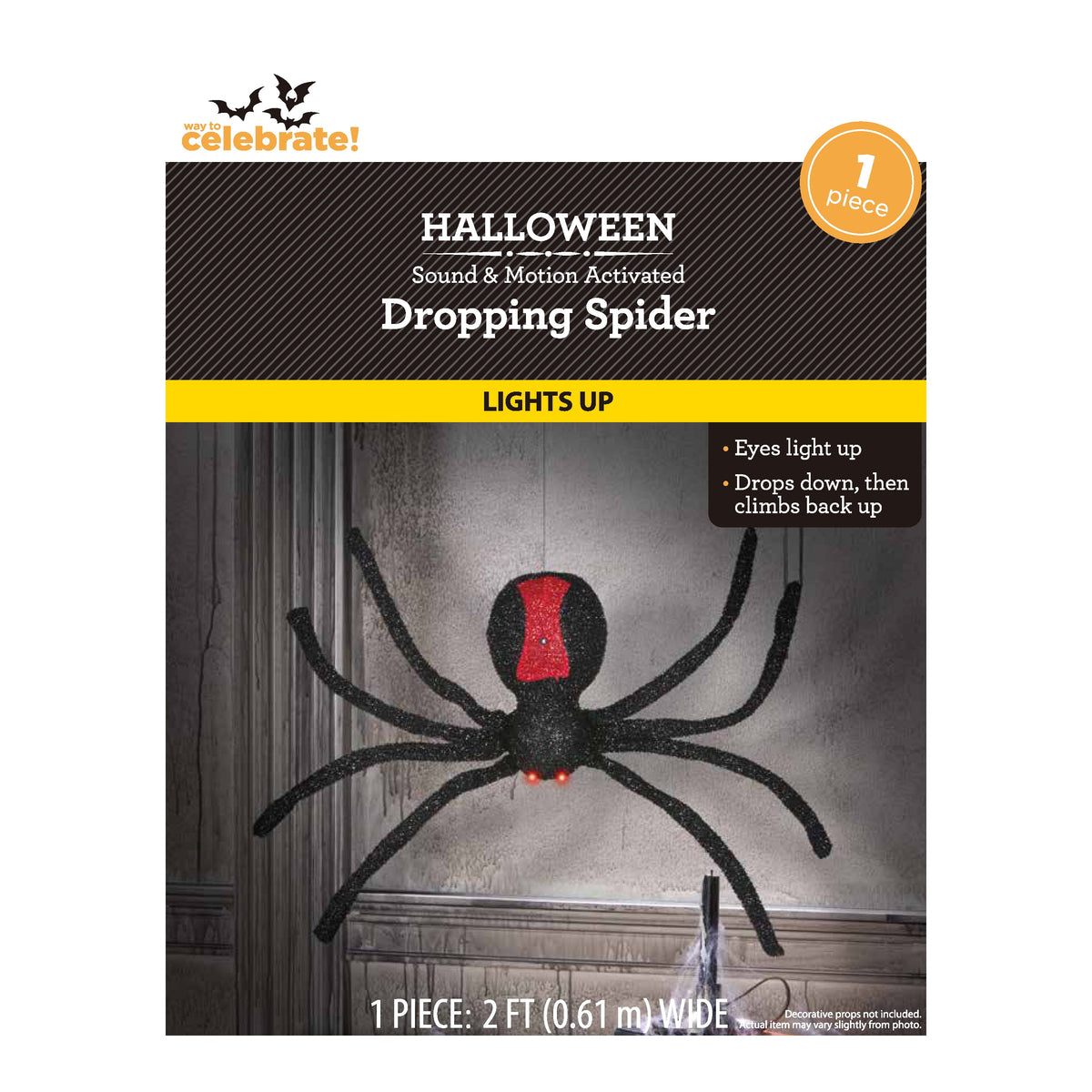 Light-Up Animated Dropping Tinsel Spider Decoration, Black and Red, 2', Halloween by Way To Celebrate