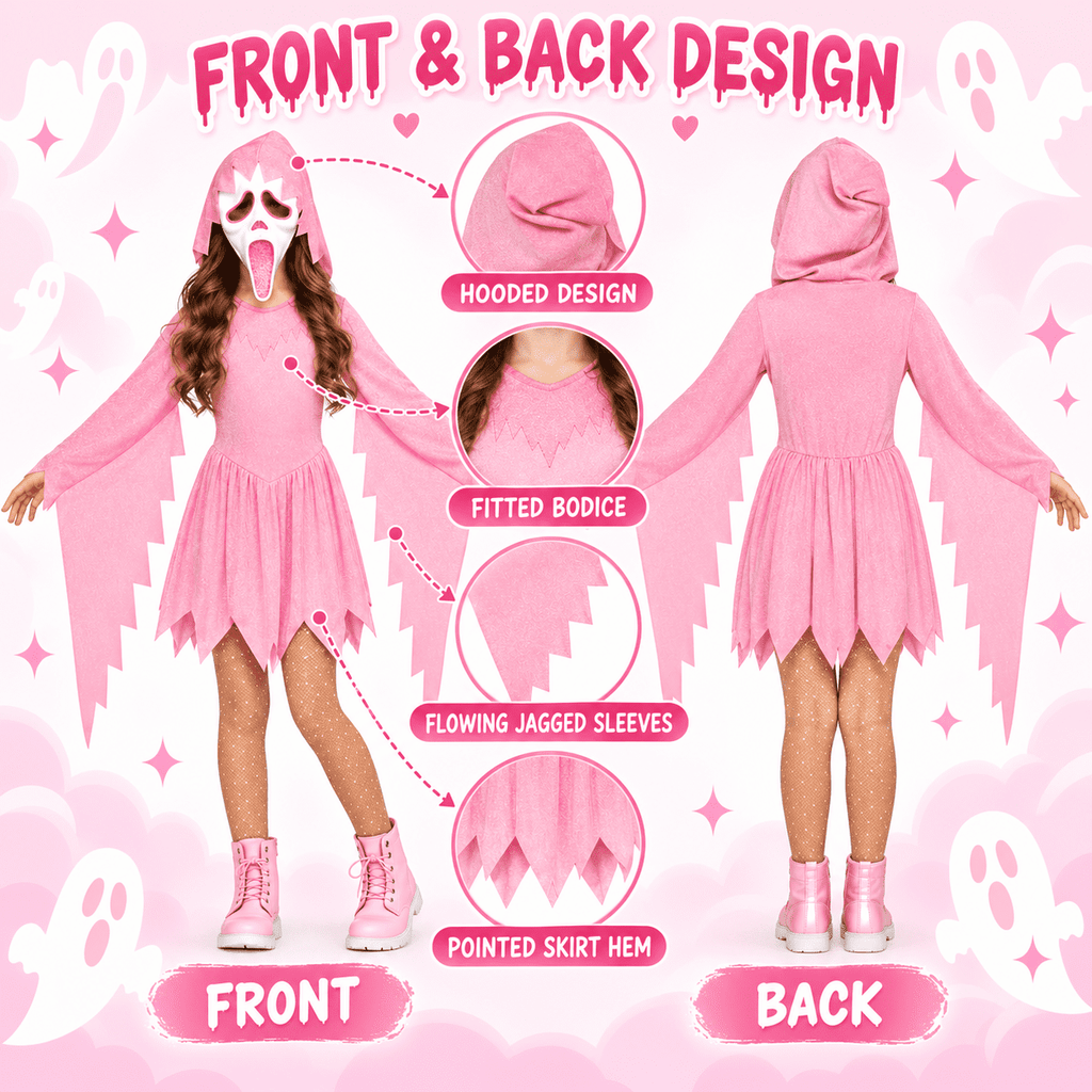Satmonnus Pink Glitter Ghost Halloween Costume for G'irls, Hooded Ghost Costume Dress with Mask, Spooky Horror Halloween Party Cosplay Outfit for Masquerade and Themed Events
