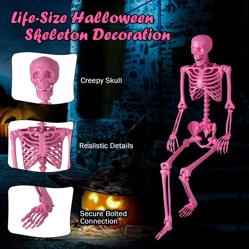 Costway 5.5 FT Poseable Halloween Skeleton Life-Size Decoration with Movable Joints Pink